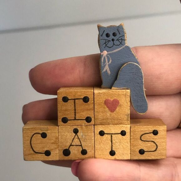 i love cats wood cubes miniature 2 inch decor gray cat figure 90s 80s - Picture 4 of 6